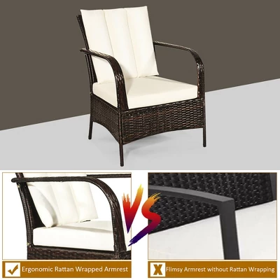 Costway 3 PCS Patio Rattan Furniture Set Coffee Table & 2 Rattan Chair W/White Cushions 6 Costway 3 PCS Patio Rattan Furniture Set Coffee Table & 2 Rattan Chair W/White Cushions - Image 6