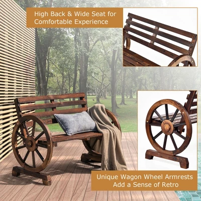 Costway Outdoor Wooden Wagon Wheel Garden Bench 2-Person Slatted Seat Armrests Rustic 6 Costway Outdoor Wooden Wagon Wheel Garden Bench 2-Person Slatted Seat Armrests Rustic - Image 6