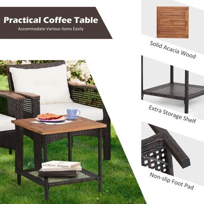 Costway 5PCS Patio Rattan Furniture Set Acacia Wood Table Armrest Cushion Yard 5 Costway 5PCS Patio Rattan Furniture Set Acacia Wood Table Armrest Cushion Yard - Image 5
