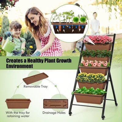 Costway 5-Tier Vertical Raised Garden Bed Elevated Planter With Wheels & Container Boxes Brown 6 Costway 5-Tier Vertical Raised Garden Bed Elevated Planter With Wheels & Container Boxes Brown - Image 6