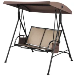 Costway 2 Seat Patio Porch Swing With Adjustable Canopy Storage Pockets Brown