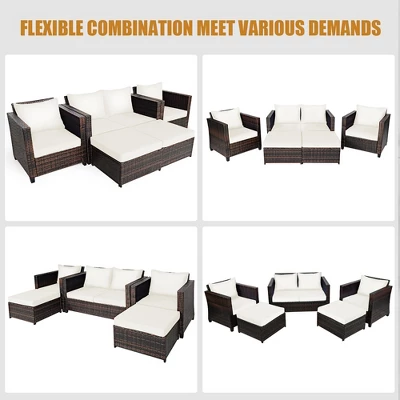 Costway 5PCS Patio Rattan Furniture Set Loveseat Sofa Ottoman Cushioned RedWhite 5 Costway 5PCS Patio Rattan Furniture Set Loveseat Sofa Ottoman Cushioned RedWhite - Image 5