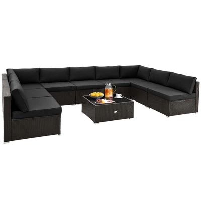 Costway 10 PCS Patio Rattan Furniture Set Outdoor Wicker Sofa Table Cushioned Seat Black/Brown 4 Costway 10 PCS Patio Rattan Furniture Set Outdoor Wicker Sofa Table Cushioned Seat Black/Brown - Image 4