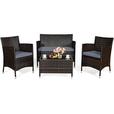 Costway 4PCS Rattan Patio Furniture Set Cushioned Sofa Chair Coffee Table 1 Costway 4PCS Rattan Patio Furniture Set Cushioned Sofa Chair Coffee Table