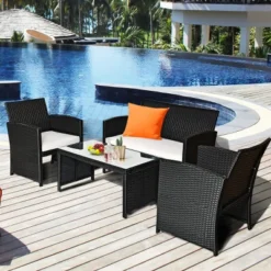 Costway 4PCS Patio Rattan Furniture Set Table &Sofa W/Cushion Garden Black -Costway GUEST 3dc41eee 08ce 4f71 ab64 4fda5c507686