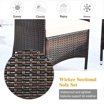 Costway 8PCS Patio Wicker Furniture Set Sofa Chair With Brown & Red Cushion Covers Garden 7 Costway 8PCS Patio Wicker Furniture Set Sofa Chair With Brown & Red Cushion Covers Garden - Image 7