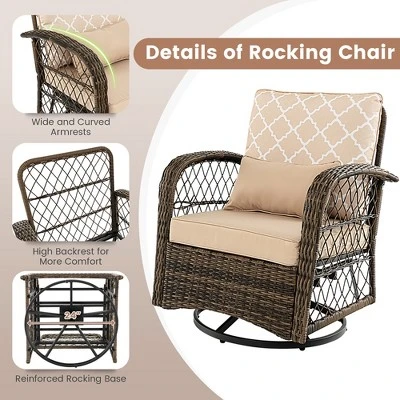 Costway Patio 3PCS Wicker Swivel Rocker Set 2 Rocking Chairs 360 Degrees With Coffee Table 4 Costway Patio 3PCS Wicker Swivel Rocker Set 2 Rocking Chairs 360 Degrees With Coffee Table - Image 4