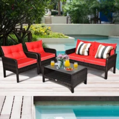 Costway 4PCS Patio Rattan Furniture Set Loveseat Sofa Coffee Table Garden W/Red Cushion -Costway GUEST 3f1f67e8 4102 421c b8b8 f5f5b6bc9a2d