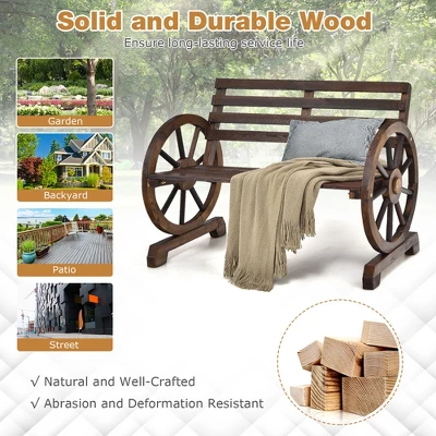 Costway Outdoor Wooden Wagon Wheel Garden Bench 2-Person Slatted Seat Armrests Rustic 5 Costway Outdoor Wooden Wagon Wheel Garden Bench 2-Person Slatted Seat Armrests Rustic - Image 5