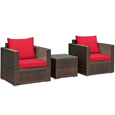 Costway 3PCS Patio Rattan Furniture Set Conversation Sofa Cushioned TurquoiseRed 1 Costway 3PCS Patio Rattan Furniture Set Conversation Sofa Cushioned TurquoiseRed