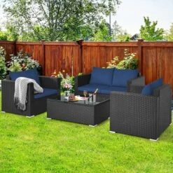 Costway 4PCS Patio Rattan Furniture Set Cushioned Sofa Loveseat With Navy & Turquoise Cover -Costway GUEST 4065532a 15c8 46c1 9ec5 63e93fb250da