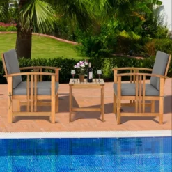 Costway 3PCS Solid Wood Patio Furniture Set Table&Chairs Grey Cushion