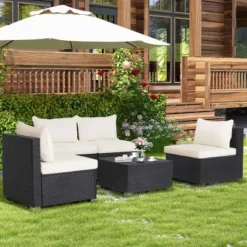 Costway 5PCS Patio Rattan Wicker Furniture Conversation Set Cushioned Sofa Deck