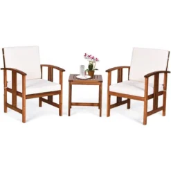 Costway 3PC Outdoor Patio Sofa Furniture Set Solid Wood Cushioned Conversation Set White