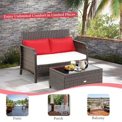 Costway 2PCS Patio Rattan Wicker Love-seat Coffee Table Set Cushioned Bench Garden Deck 6 Costway 2PCS Patio Rattan Wicker Love-seat Coffee Table Set Cushioned Bench Garden Deck - Image 6