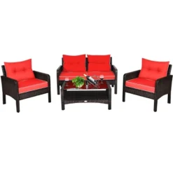 Costway 4PCS Patio Rattan Furniture Set Loveseat Sofa Coffee Table Garden W/Red Cushion -Costway GUEST 41a67c4b 7a60 422b 9f17 6589effc3c14