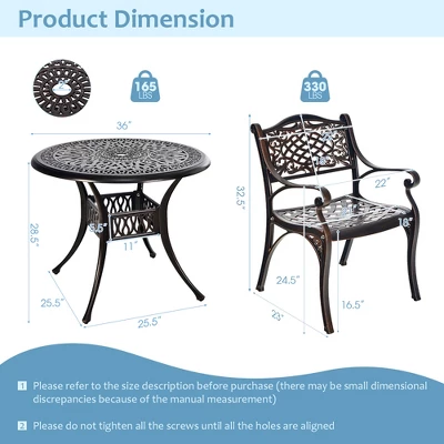 Costway 3 PCS Patio Dining Bistro Set Cast Aluminum Round Patio Table W/Chairs 2 Costway 3 PCS Patio Dining Bistro Set Cast Aluminum Round Patio Table W/Chairs - Image 2