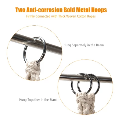 Costway Hanging Hammock Chair Macrame Swing Handwoven Cotton Backrest Garden Grey Black 4 Costway Hanging Hammock Chair Macrame Swing Handwoven Cotton Backrest Garden Grey Black - Image 4