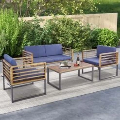 Costway 4pcs Patio Acacia Wood Chair Table Loveseat Cushioned Furniture Set Outdoor Navy -Costway GUEST 433a9d9d e3b5 41fb b25f 66d6753ae6a1
