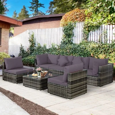 Costway 7PCS Patio Rattan Furniture Set Sectional Sofa Garden Gray Cushion 1 Costway 7PCS Patio Rattan Furniture Set Sectional Sofa Garden Gray Cushion