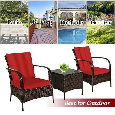 Costway 3 PCS Patio Rattan Furniture Set Coffee Table & 2 Rattan Chair W/Red Cushions 5 Costway 3 PCS Patio Rattan Furniture Set Coffee Table & 2 Rattan Chair W/Red Cushions - Image 5