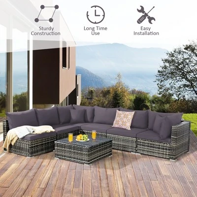 Costway 7PCS Patio Rattan Furniture Set Sectional Sofa Garden Gray Cushion 4 Costway 7PCS Patio Rattan Furniture Set Sectional Sofa Garden Gray Cushion - Image 4