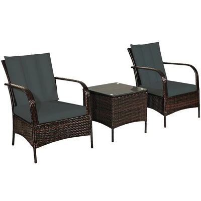 Costway 3 PCS Patio Rattan Furniture Set Coffee Table & 2 Rattan Chair W/Gray Cushions 8 Costway 3 PCS Patio Rattan Furniture Set Coffee Table & 2 Rattan Chair W/Gray Cushions - Image 8