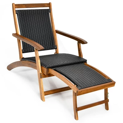 Costway 2PCS Patio Folding Rattan Lounge Chair Wood Frame Retractable Footrest 8 Costway 2PCS Patio Folding Rattan Lounge Chair Wood Frame Retractable Footrest - Image 8