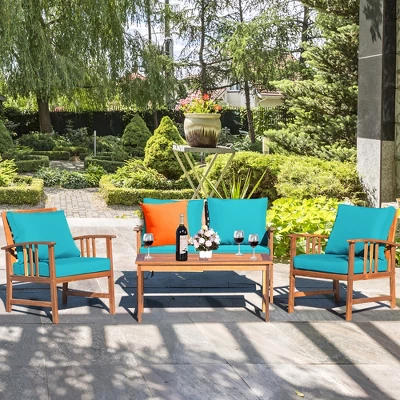 Costway 8PCS Wooden Patio Furniture Set Table Sofa Chair Cushioned Garden Turquoise 7 Costway 8PCS Wooden Patio Furniture Set Table Sofa Chair Cushioned Garden Turquoise - Image 7