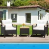 Costway 3PCS Patio Rattan Furniture Set Wooden Armrest Table Top Cushioned Deck