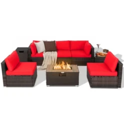 Costway 8PCS Patio Rattan Furniture Set Fire Pit Table Tank Holder Cover Deck Off White/Black/Navy/Red/Turquoise -Costway GUEST 469d391d 0e8f 4abb 913f bdf05278ae6a