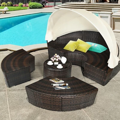 Costway Patio Rattan Daybed Cushioned Sofa Adjustable Table Top Canopy W/3 Pillows 2 Costway Patio Rattan Daybed Cushioned Sofa Adjustable Table Top Canopy W/3 Pillows - Image 2