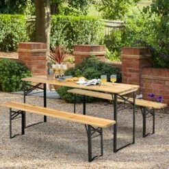 Costway 3 PCS Beer Table Bench Set Folding Wooden Top Picnic Table Patio Garden