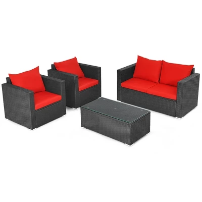 Costway 4PCS Patio Rattan Furniture Set Cushioned Sofa Chair Coffee Table Garden Red 8 Costway 4PCS Patio Rattan Furniture Set Cushioned Sofa Chair Coffee Table Garden Red - Image 8