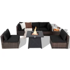 Costway 7PCS Patio Rattan Furniture Set Fire Pit Table Cover Cushion Off WhiteBlackNavyRedTurquoise