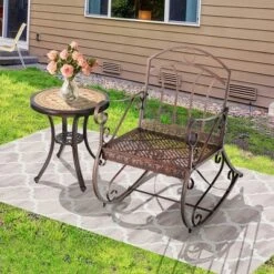 Costway Patio Rocking Chair Art Scroll Rocker Backrest Armrests Antique Copper Backyard