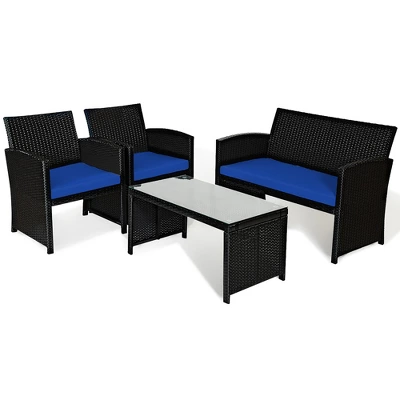 Costway 4PCS Patio Rattan Furniture Conversation Set Cushion Sofa Table Garden TurquoiseNavy 9 Costway 4PCS Patio Rattan Furniture Conversation Set Cushion Sofa Table Garden TurquoiseNavy - Image 9