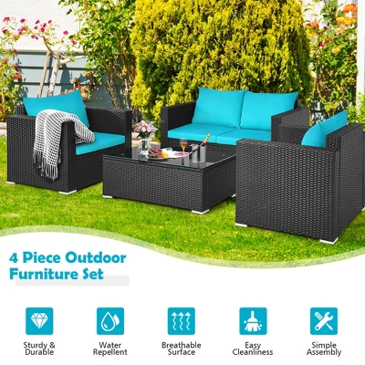 Costway 4PCS Patio Rattan Cushioned Sofa Chair Coffee Table Turquoise 5 Costway 4PCS Patio Rattan Cushioned Sofa Chair Coffee Table Turquoise - Image 5