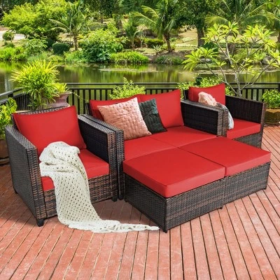 Costway 5PCS Patio Rattan Furniture Set Loveseat Sofa Ottoman Cushioned RedWhite 11 Costway 5PCS Patio Rattan Furniture Set Loveseat Sofa Ottoman Cushioned RedWhite - Image 11