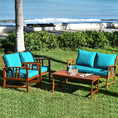 Costway 4PCS Wooden Patio Furniture Set Table Sofa Chair Cushioned Garden Turquoise 7 Costway 4PCS Wooden Patio Furniture Set Table Sofa Chair Cushioned Garden Turquoise - Image 7