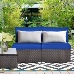 Costway 2PCS Patio Rattan Armless Sofa Sectional Furniture W/Navy Cushion