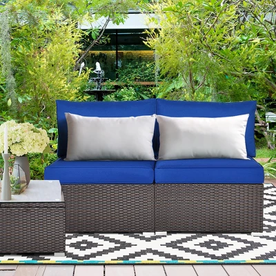 Costway 2PCS Patio Rattan Armless Sofa Sectional Furniture W/Navy Cushion 1 Costway 2PCS Patio Rattan Armless Sofa Sectional Furniture W/Navy Cushion