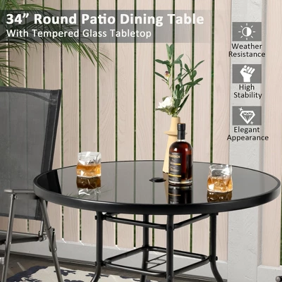 Costway 34 Inch Patio Dining Table Round Tempered Glass Tabletop With 1.5'' Umbrella Hole 6 Costway 34 Inch Patio Dining Table Round Tempered Glass Tabletop With 1.5'' Umbrella Hole - Image 6
