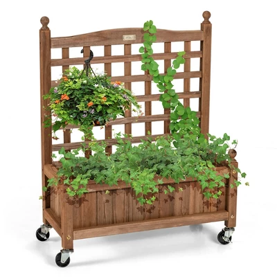 Costway 32in Wood Planter Box W/Trellis Mobile Raised Bed For Climbing Plant 8 Costway 32in Wood Planter Box W/Trellis Mobile Raised Bed For Climbing Plant - Image 8