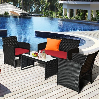 Costway 4PCS Patio Rattan Furniture Conversation Set Cushion Sofa Table Garden TurquoiseNavy 12 Costway 4PCS Patio Rattan Furniture Conversation Set Cushion Sofa Table Garden TurquoiseNavy - Image 12