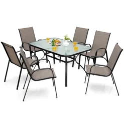 Costway 7PCS Patio Dining Set 6 Stackable Chairs Glass Table Umbrella Hole Yard -Costway GUEST 4cb655a9 15de 4ce6 bfe6 2fe6143d9853