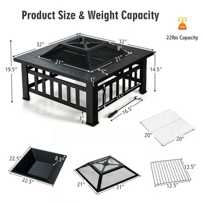 Costway 32'' 3 In 1 Outdoor Square Fire Pit Table W/ BBQ Grill, Rain Cover For Camping 3 Costway 32'' 3 In 1 Outdoor Square Fire Pit Table W/ BBQ Grill, Rain Cover For Camping - Image 3