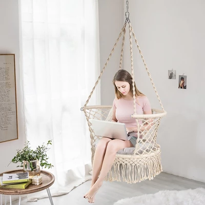 Costway Hanging Hammock Chair Macrame Swing Hand Woven Cotton Backrest 9 Costway Hanging Hammock Chair Macrame Swing Hand Woven Cotton Backrest - Image 9