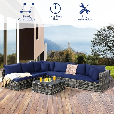 Costway 7PCS Patio Rattan Furniture Set Sectional Sofa Garden Navy Cushion 2 Costway 7PCS Patio Rattan Furniture Set Sectional Sofa Garden Navy Cushion - Image 2