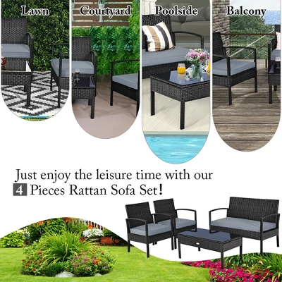 Costway 4PCS Outdoor Patio Rattan Furniture Set Cushioned Sofa Coffee Table Garden Deck 5 Costway 4PCS Outdoor Patio Rattan Furniture Set Cushioned Sofa Coffee Table Garden Deck - Image 5